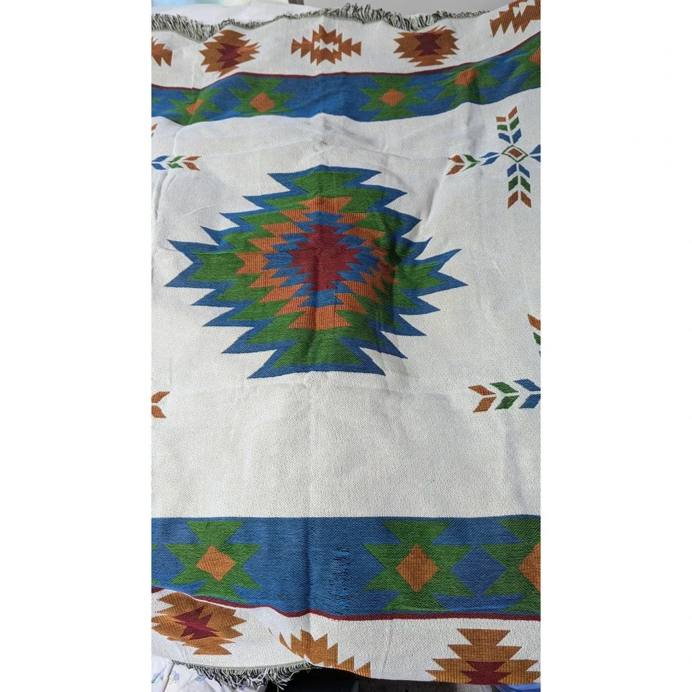 Southwest Woven Throw Blanket Fringed Edges blue green rust orange red